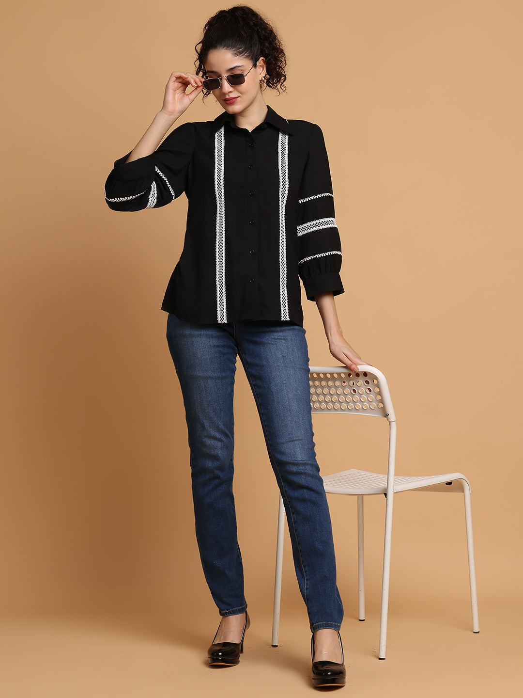 Black Shirt With Contrast Lace Detail