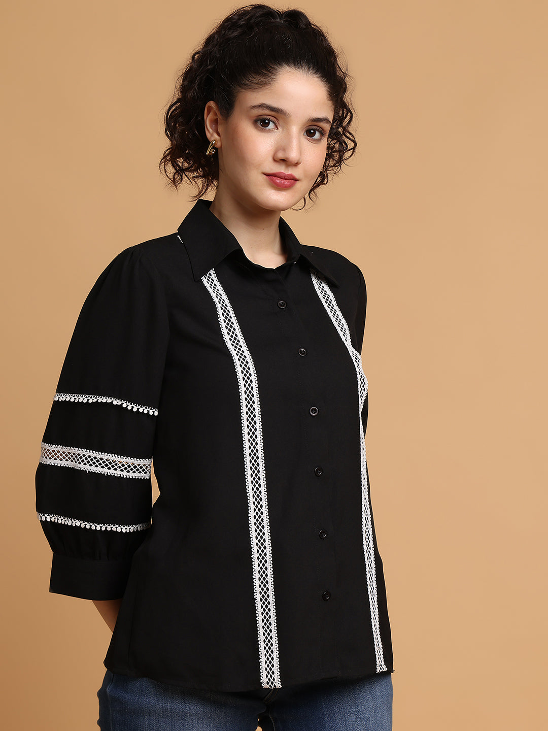 Black Shirt With Contrast Lace Detail