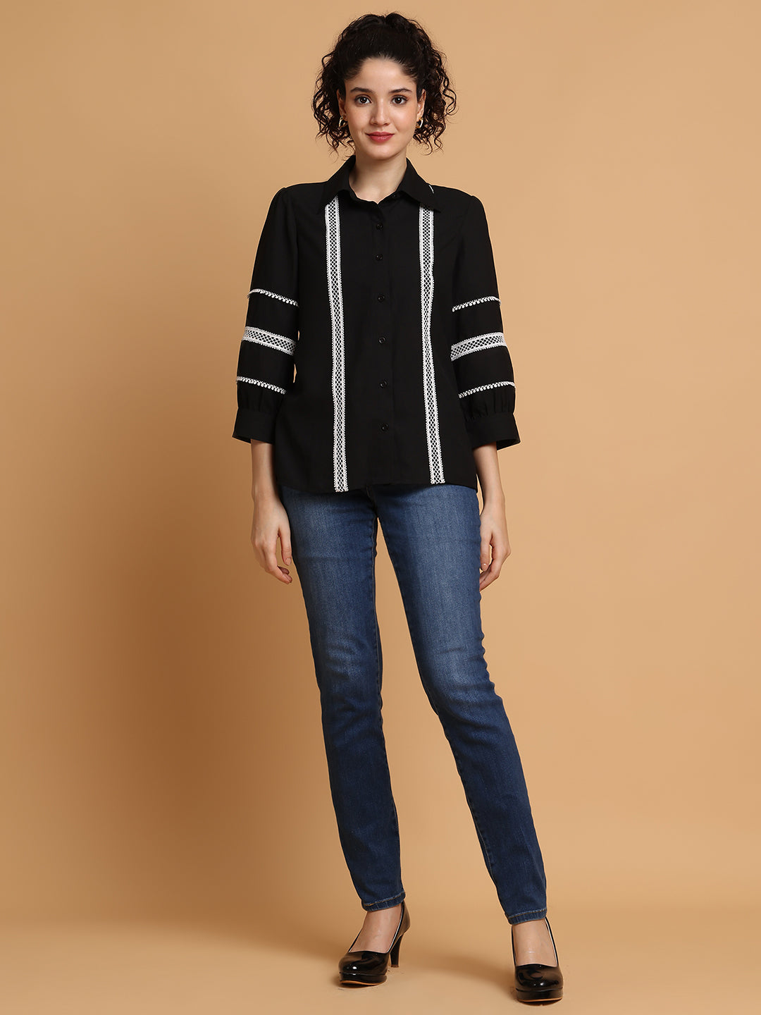 Black Shirt With Contrast Lace Detail