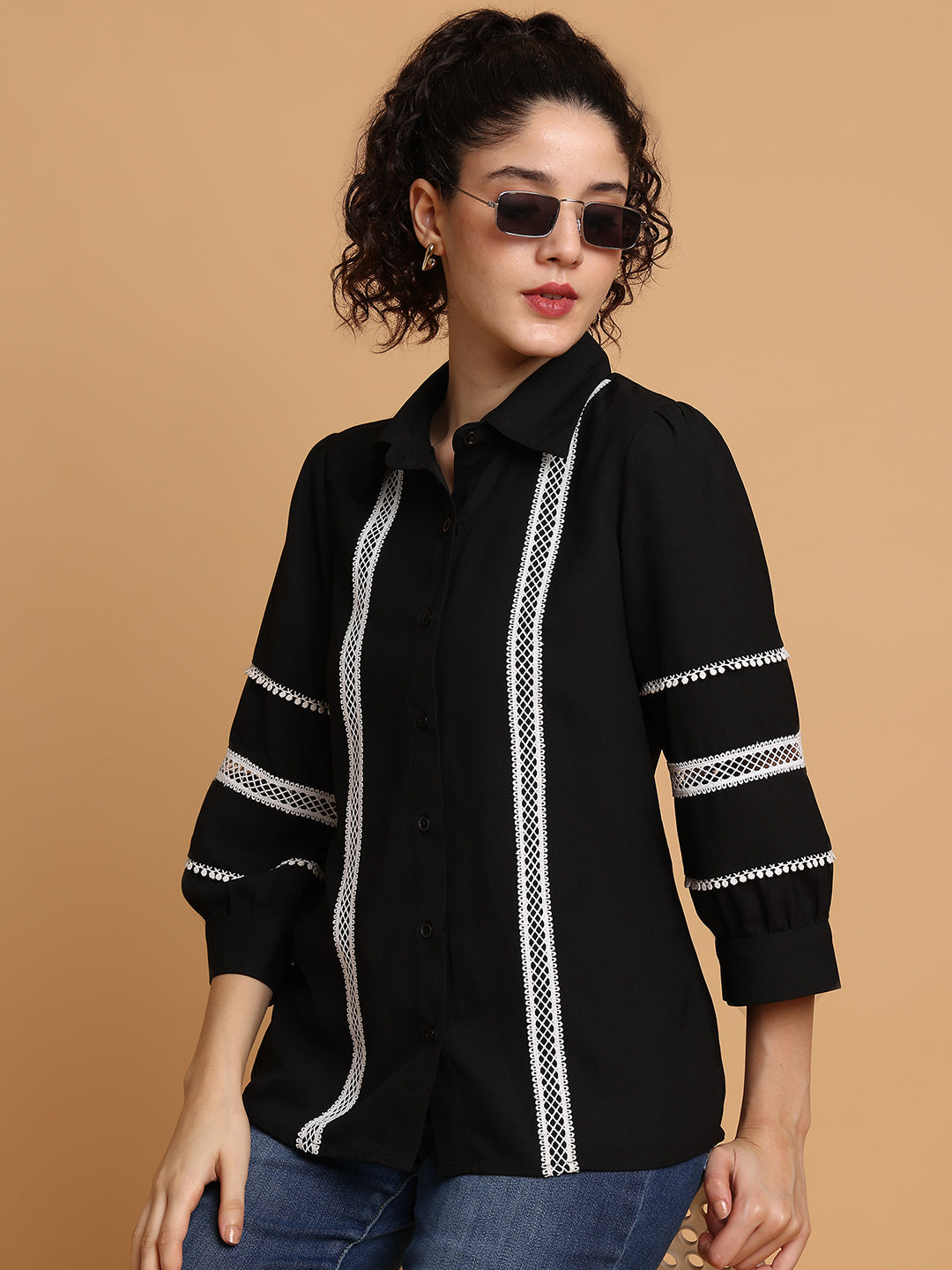 Black Shirt With Contrast Lace Detail