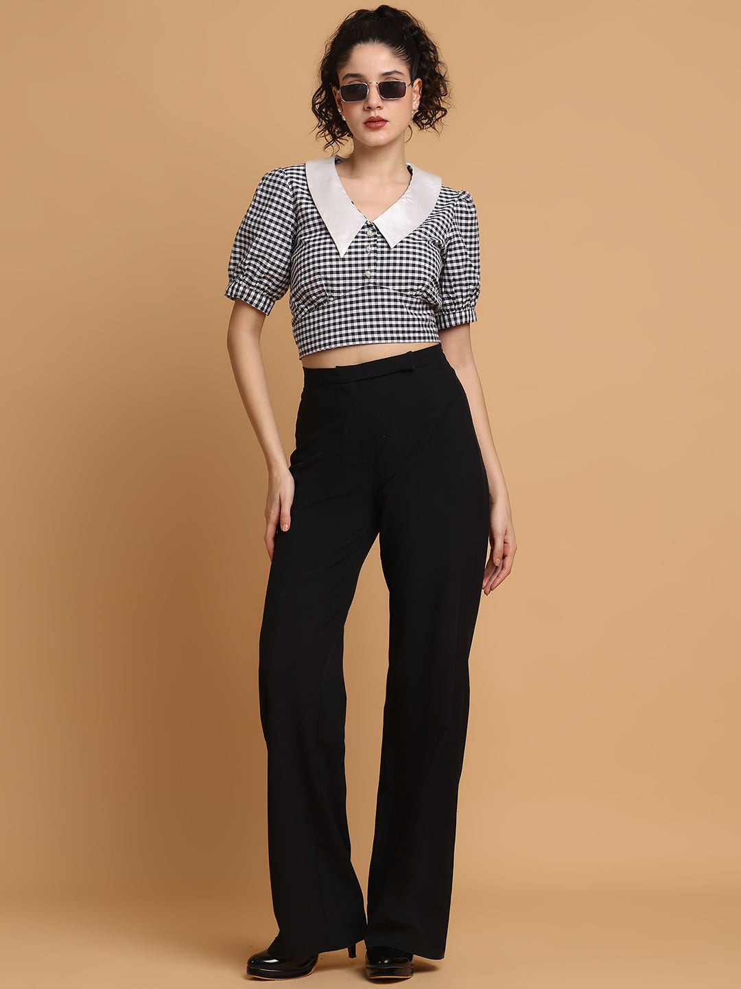 Black & White Checkered Crop Top With Contrast Collar