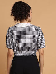 Black & White Checkered Crop Top With Contrast Collar