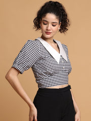 Black & White Checkered Crop Top With Contrast Collar