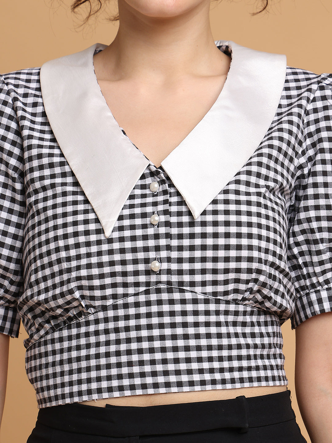 Black & White Checkered Crop Top With Contrast Collar