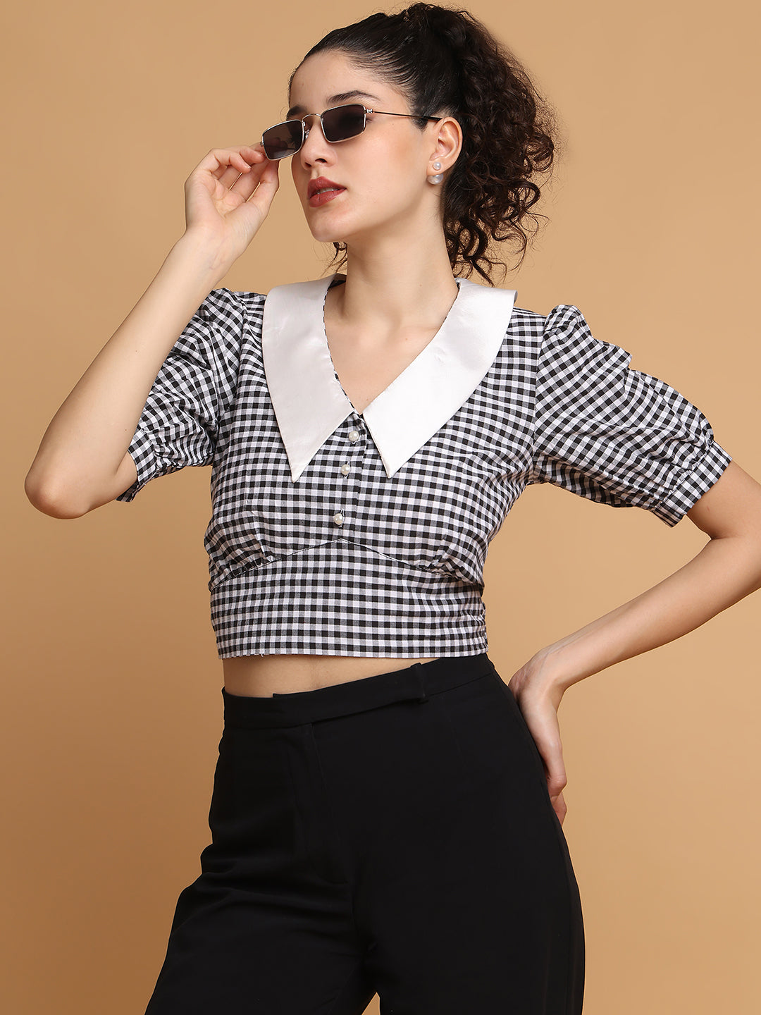 Black & White Checkered Crop Top With Contrast Collar