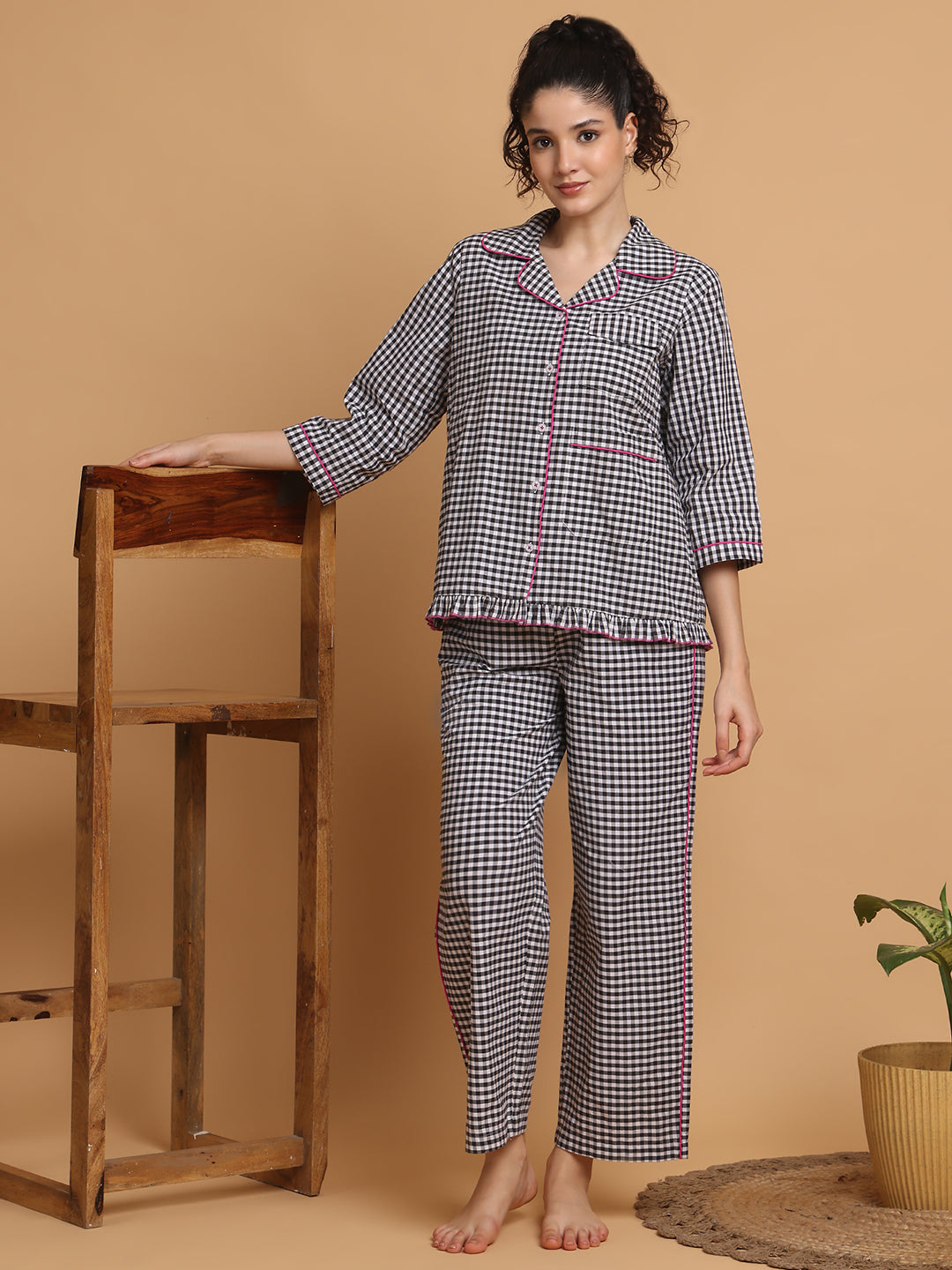Black & White Checkered Nightwear With Pink Piping