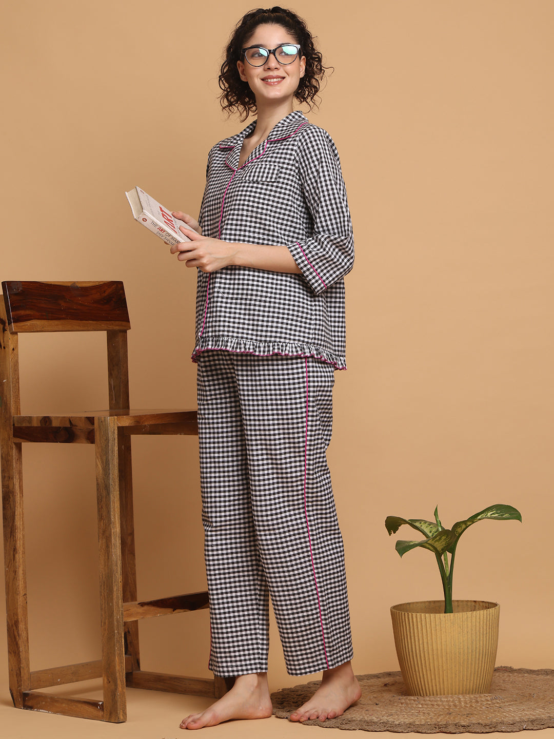 Black & White Checkered Nightwear With Pink Piping