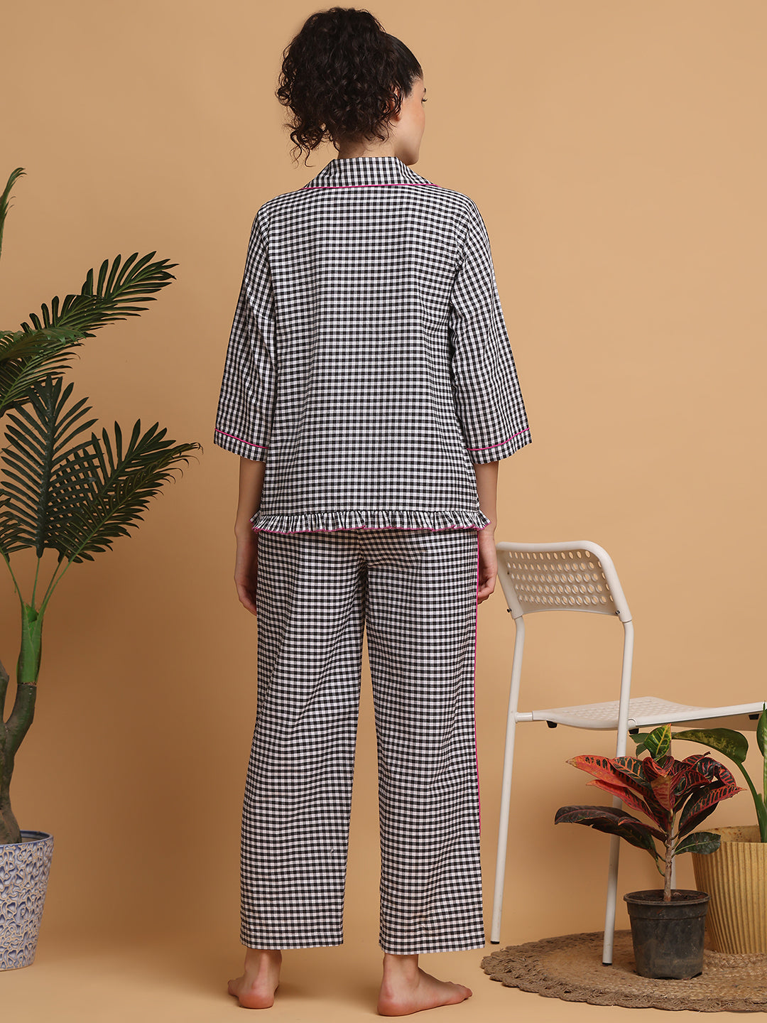 Black & White Checkered Nightwear With Pink Piping
