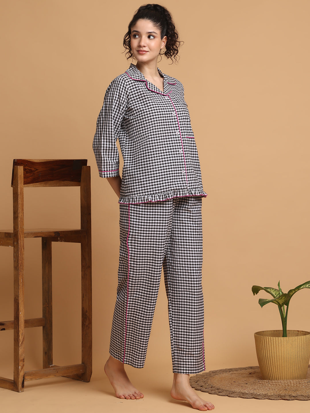 Black & White Checkered Nightwear With Pink Piping