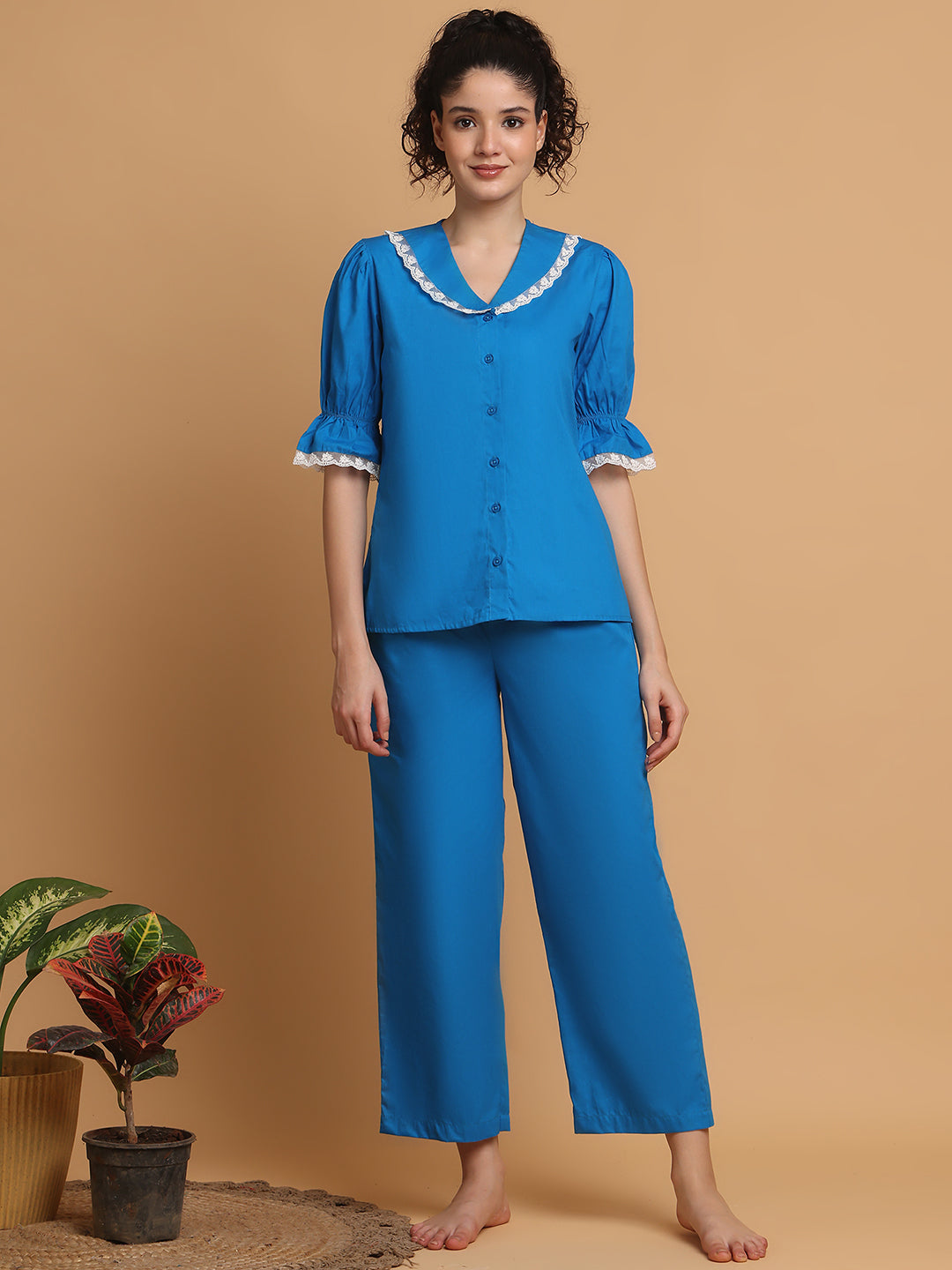 Bright Blue Pyjama Set With Lace At Collar