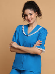 Bright Blue Pyjama Set With Lace At Collar