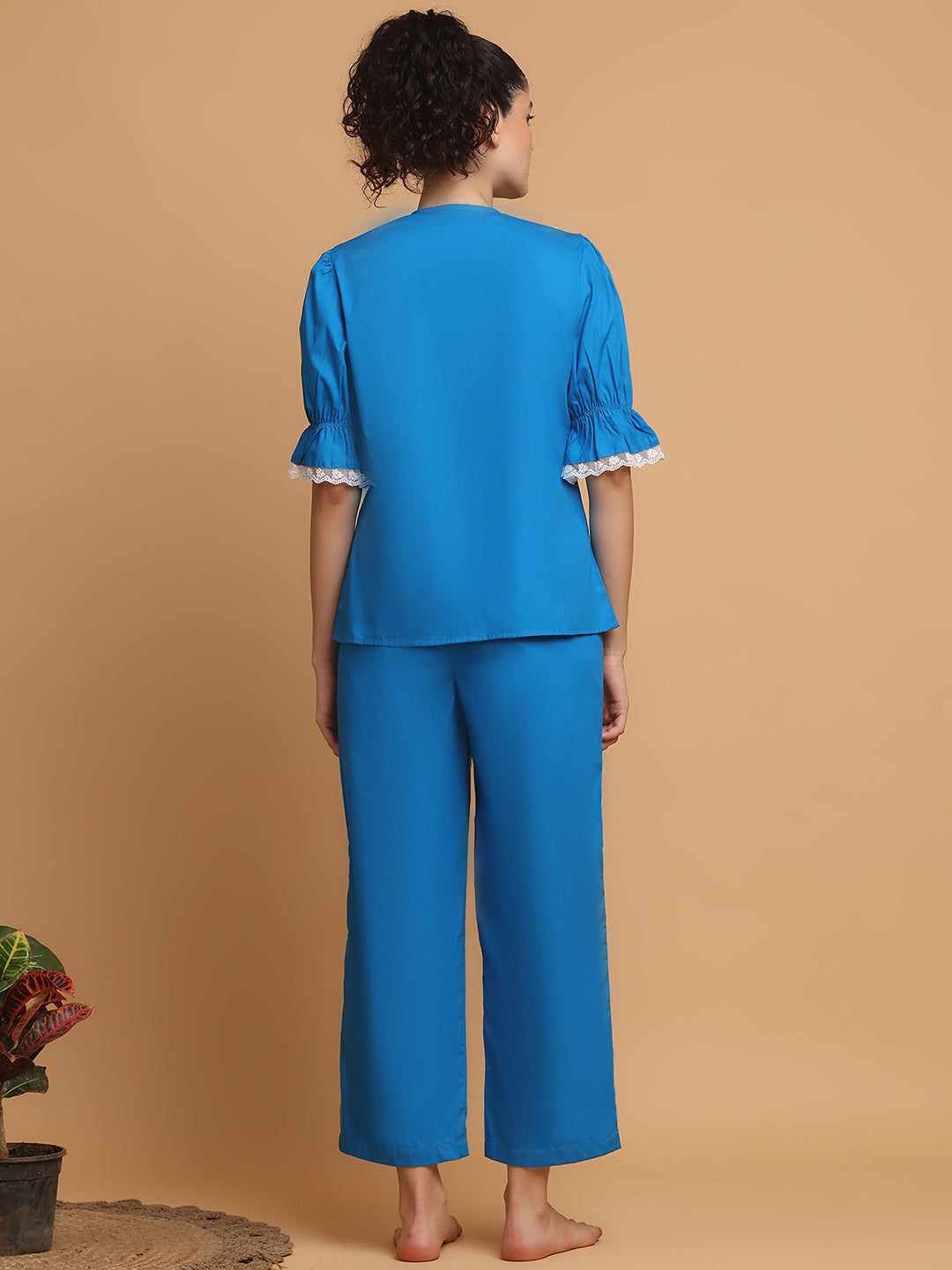 Bright Blue Pyjama Set With Lace At Collar