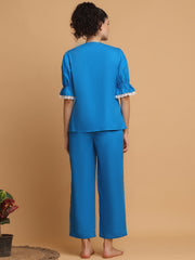 Bright Blue Pyjama Set With Lace At Collar