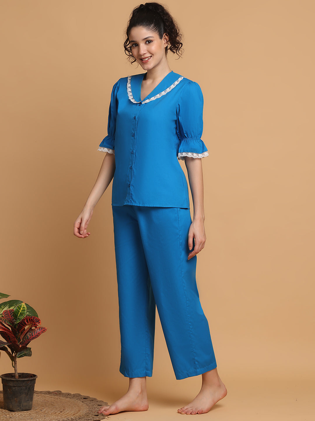 Bright Blue Pyjama Set With Lace At Collar