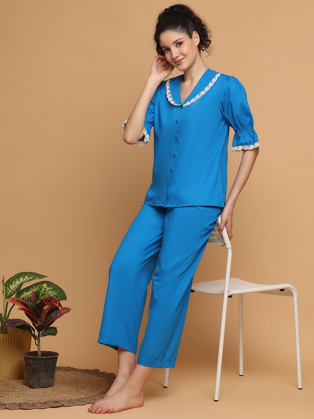 Bright Blue Pyjama Set With Lace At Collar