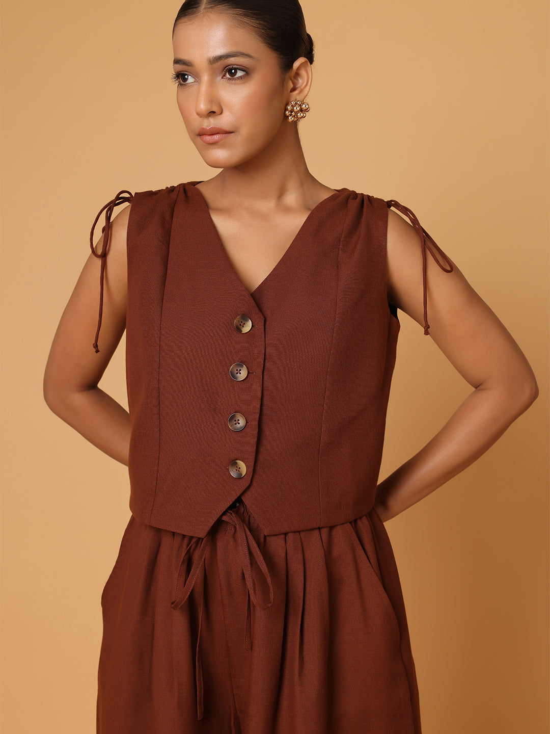 Brown Ruched Shoulder Co-Ord Set