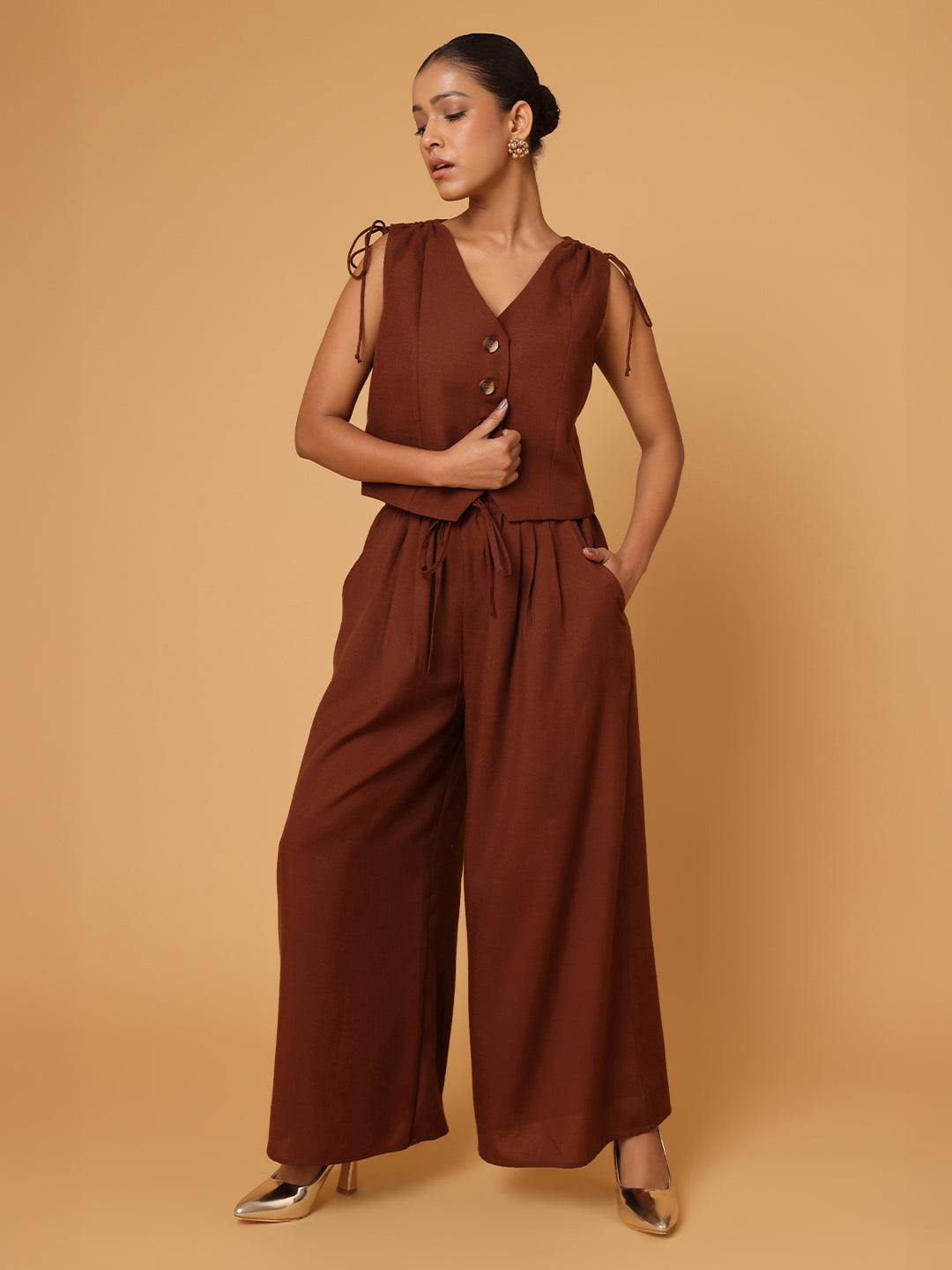 Brown Ruched Shoulder Co-Ord Set