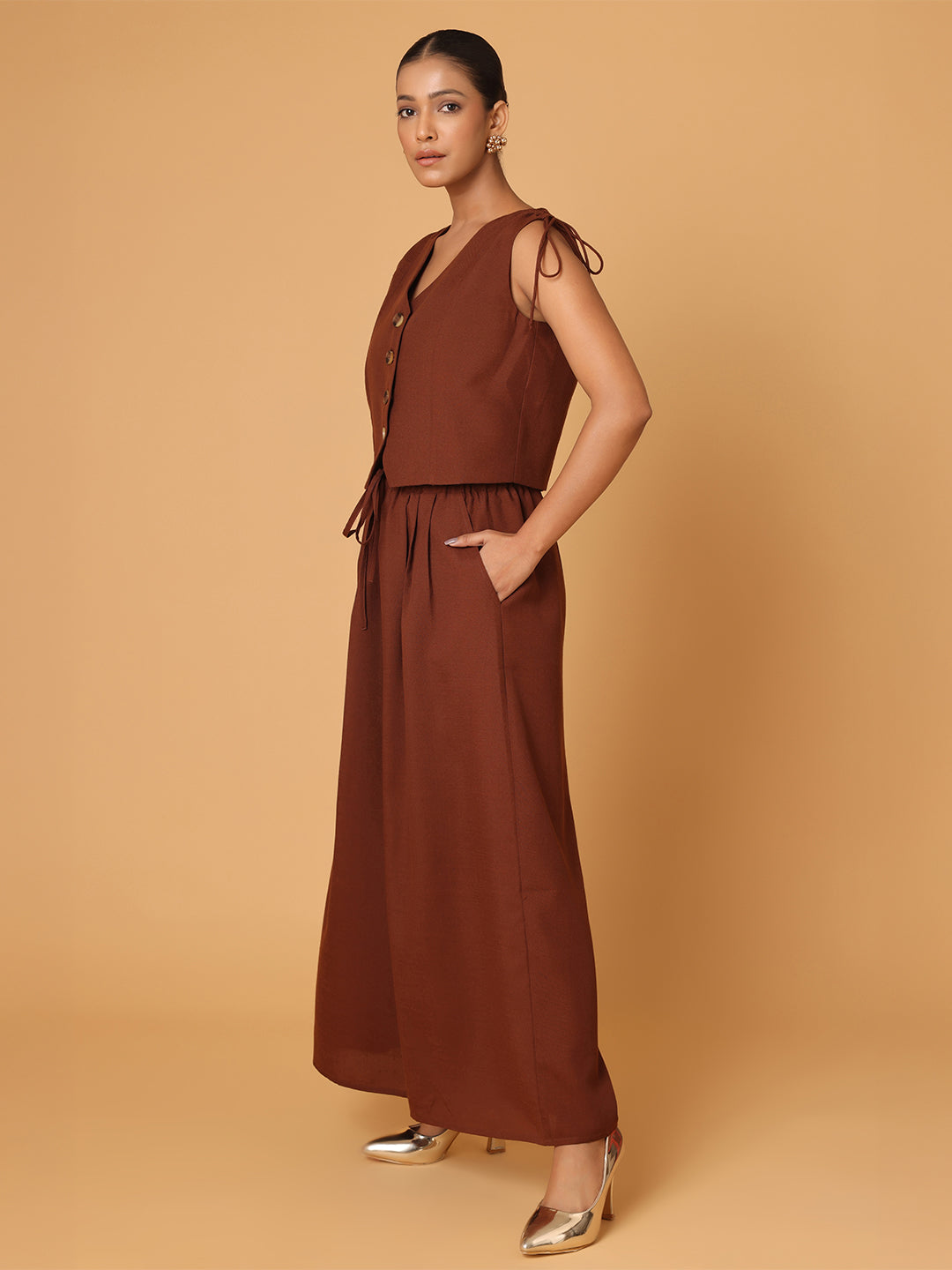 Brown Ruched Shoulder Co-Ord Set