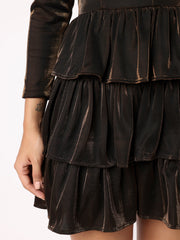 Brownish Gold Double Toned Layered Dress With Flower Brooch
