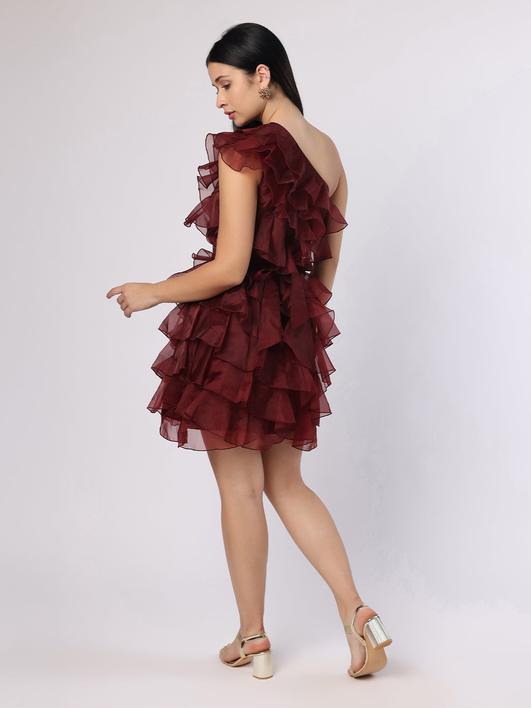 Burgundy Organza One-Shoulder Dress
