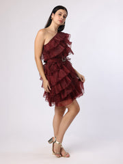 Burgundy Organza One-Shoulder Dress