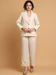 Cream Blazer Set With Trim Detail At Pockets