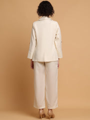 Cream Blazer Set With Trim Detail At Pockets