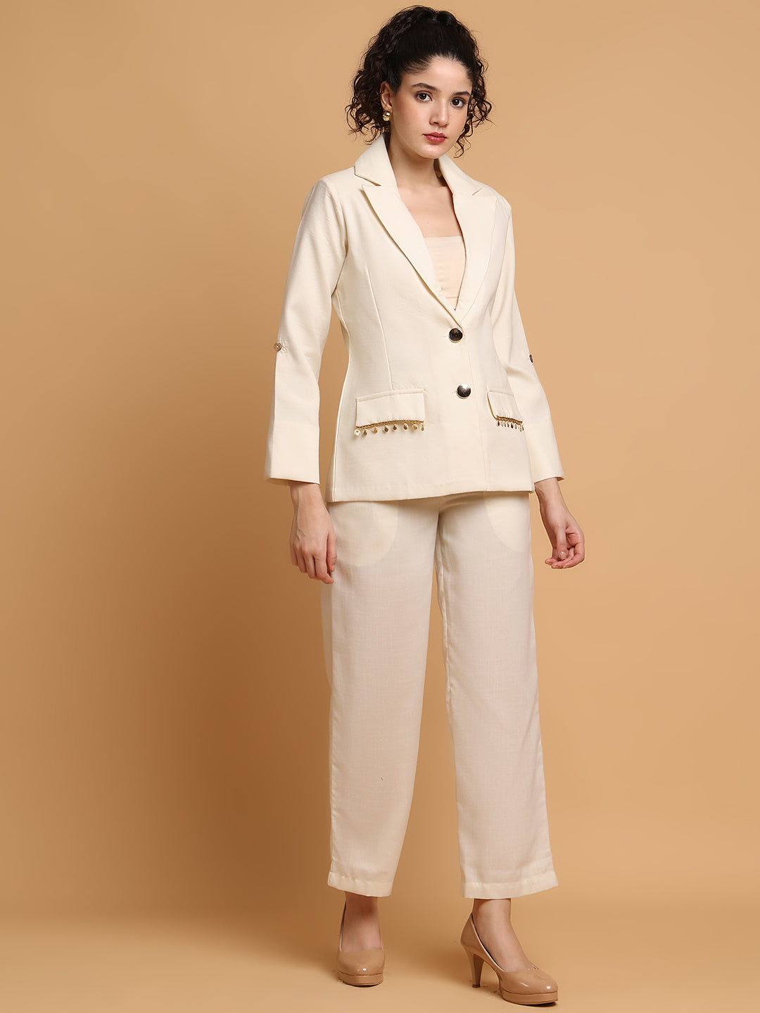 Cream Blazer Set With Trim Detail At Pockets