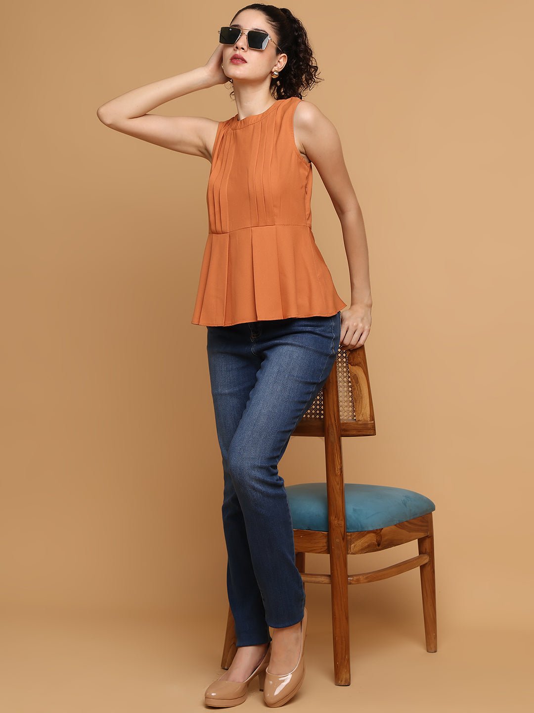 Dusty Orange Peplum Top With Back Bow