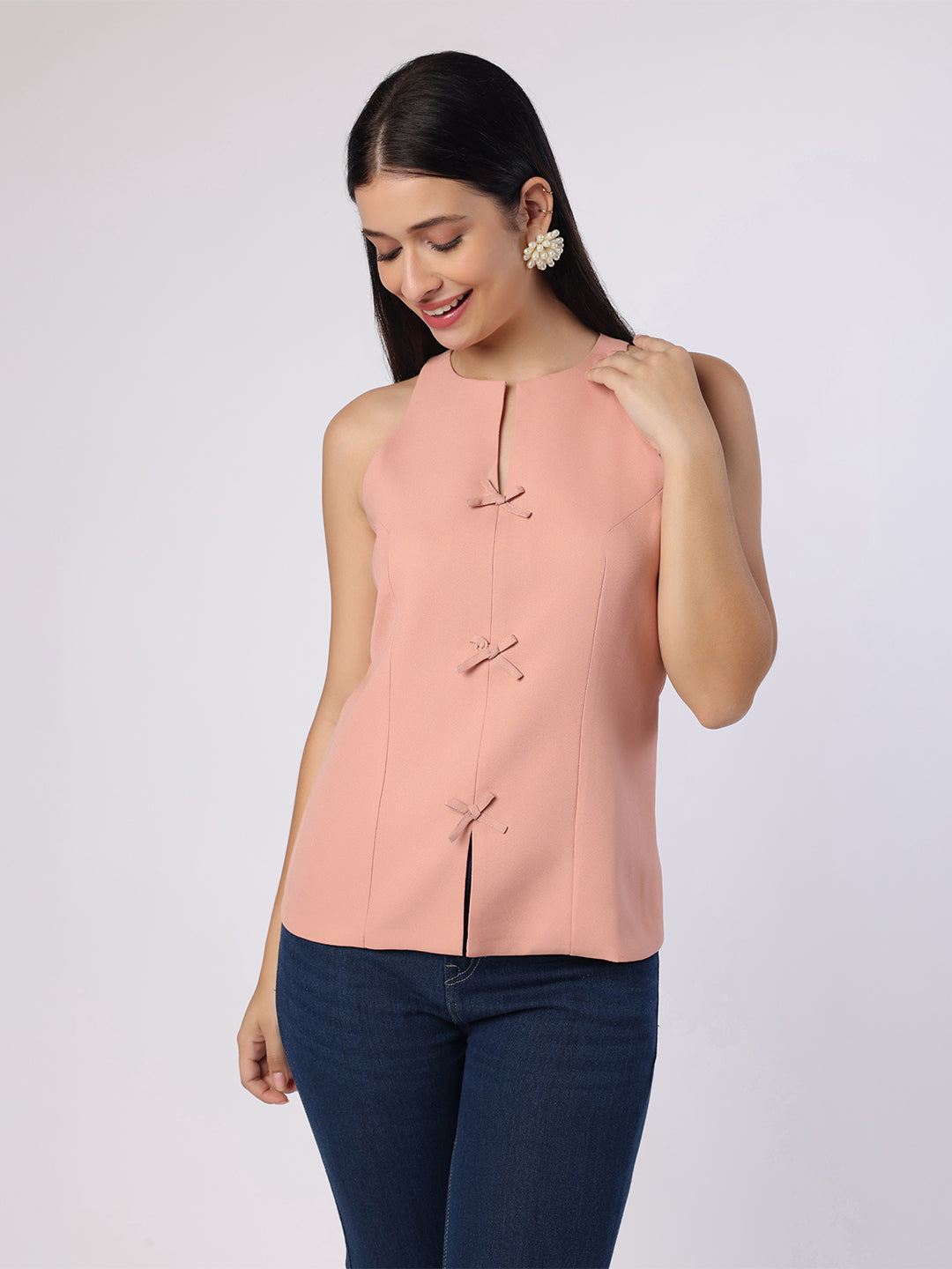 Dusty Peach Top With Front Bow Detail