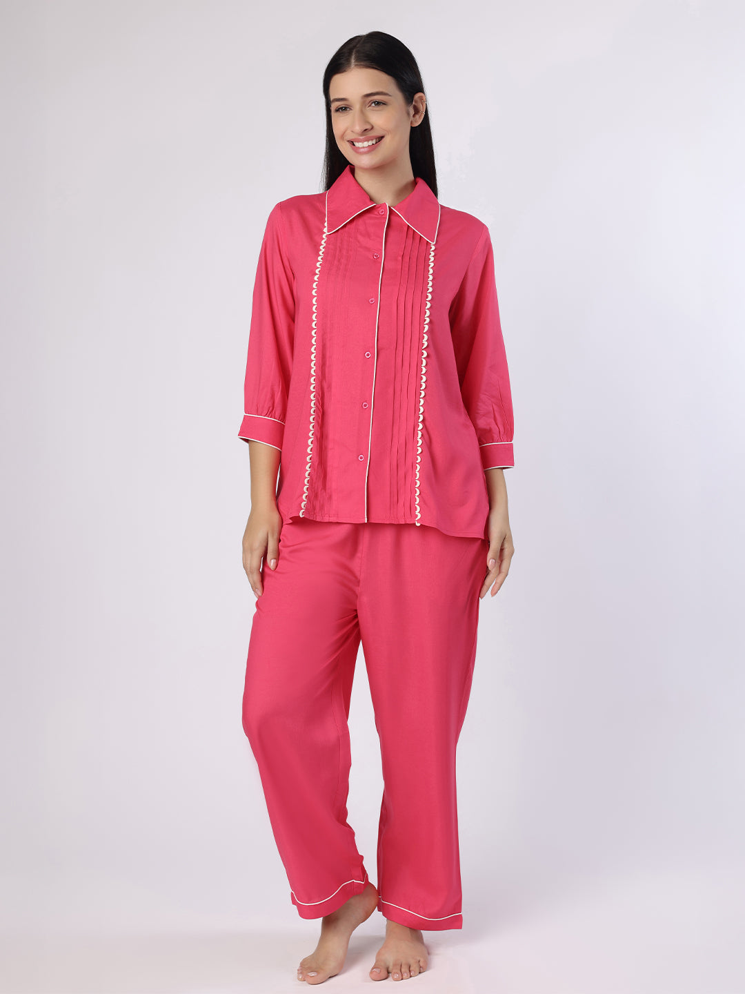 Fuchsia Pink Nightwear With Contrast Piping And Lace