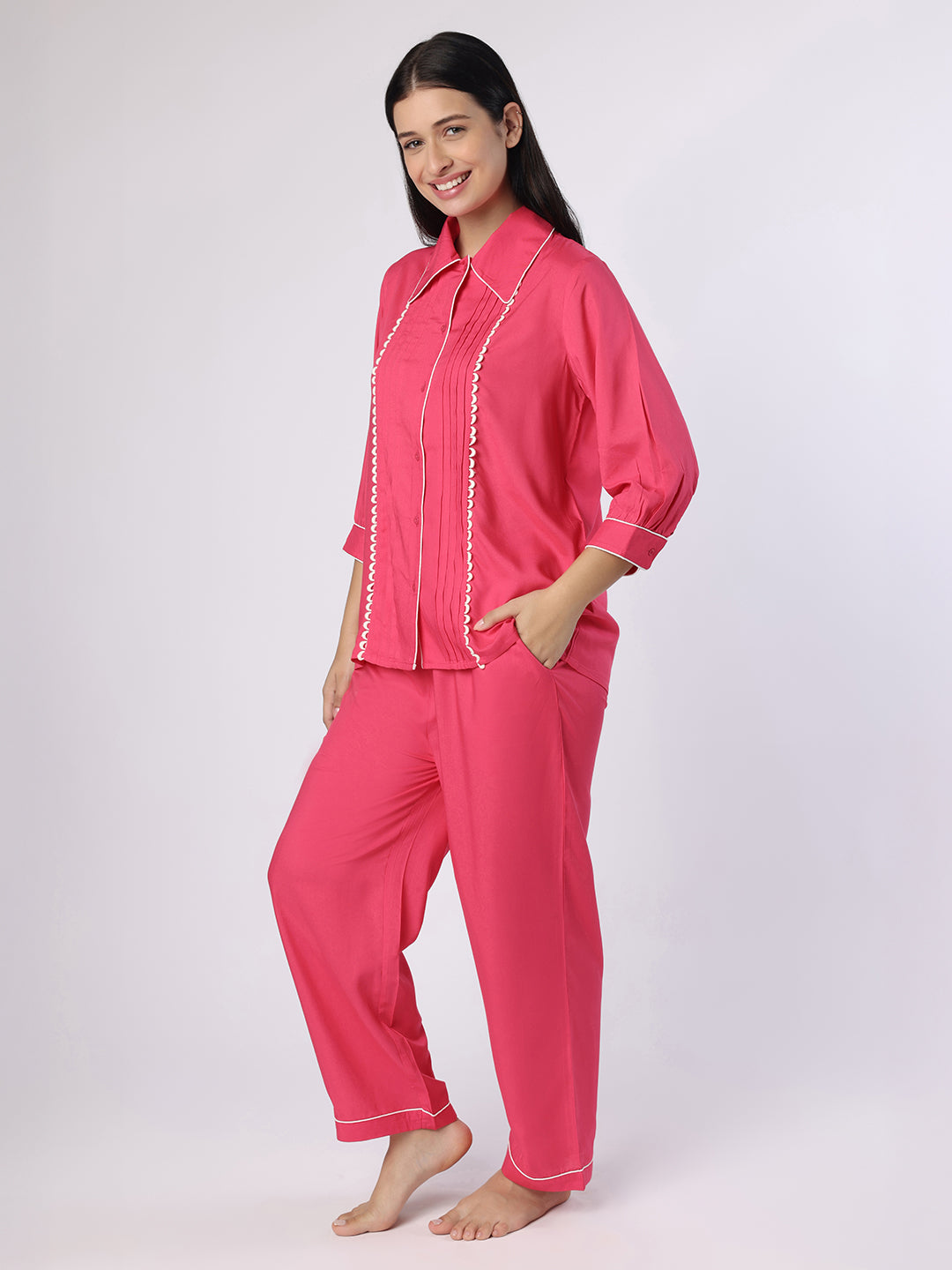 Fuchsia Pink Nightwear With Contrast Piping And Lace