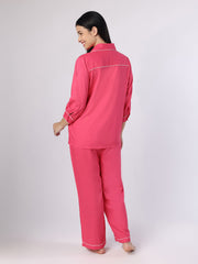 Fuchsia Pink Nightwear With Contrast Piping And Lace