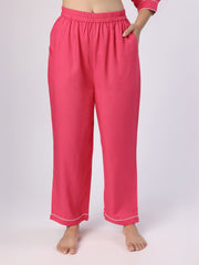 Fuchsia Pink Nightwear With Contrast Piping And Lace