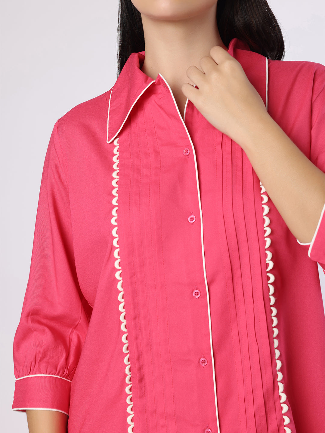 Fuchsia Pink Nightwear With Contrast Piping And Lace