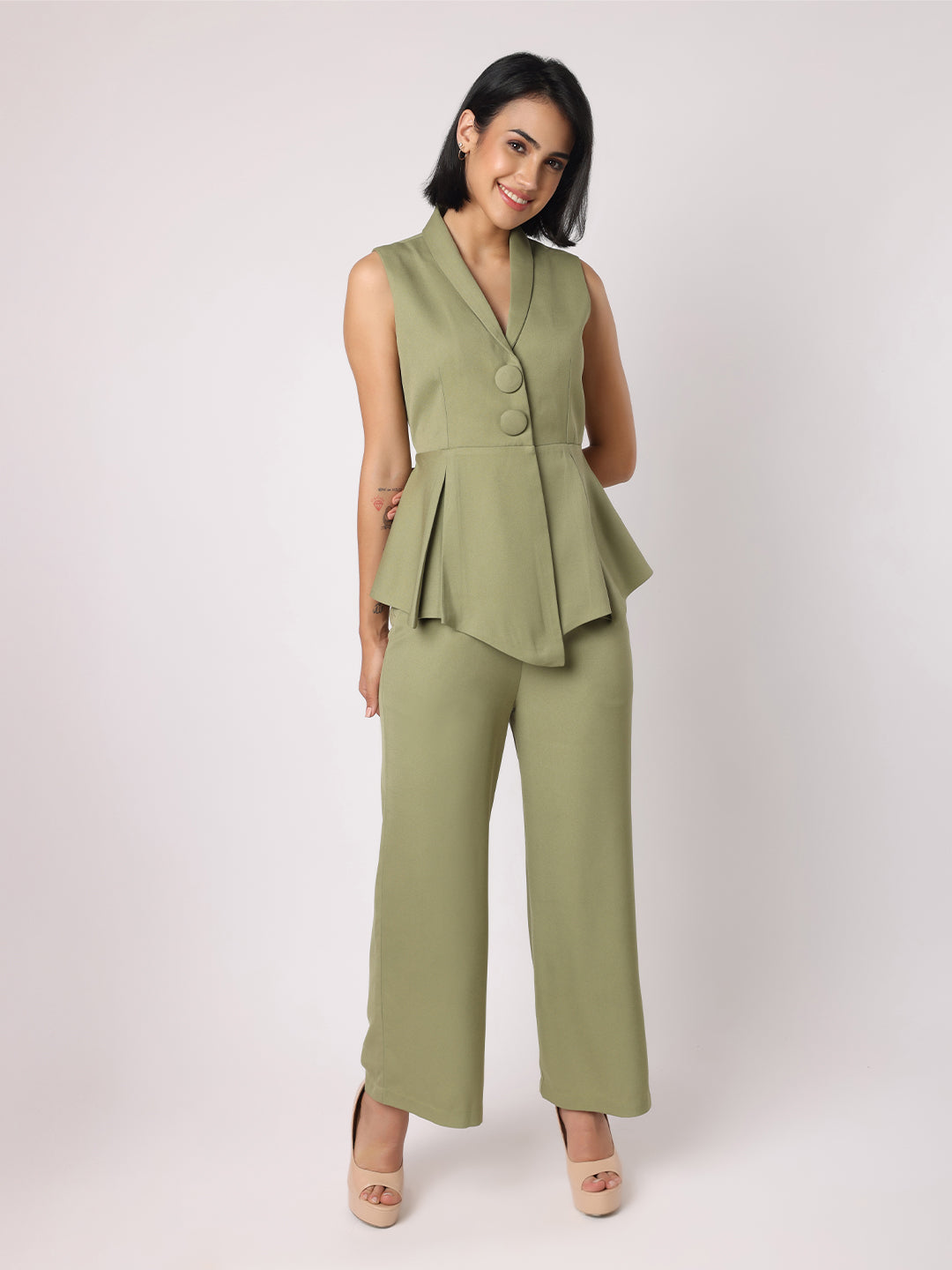 Green Blazer Top With Assymetric Hem Co-Ordinated With Trousers