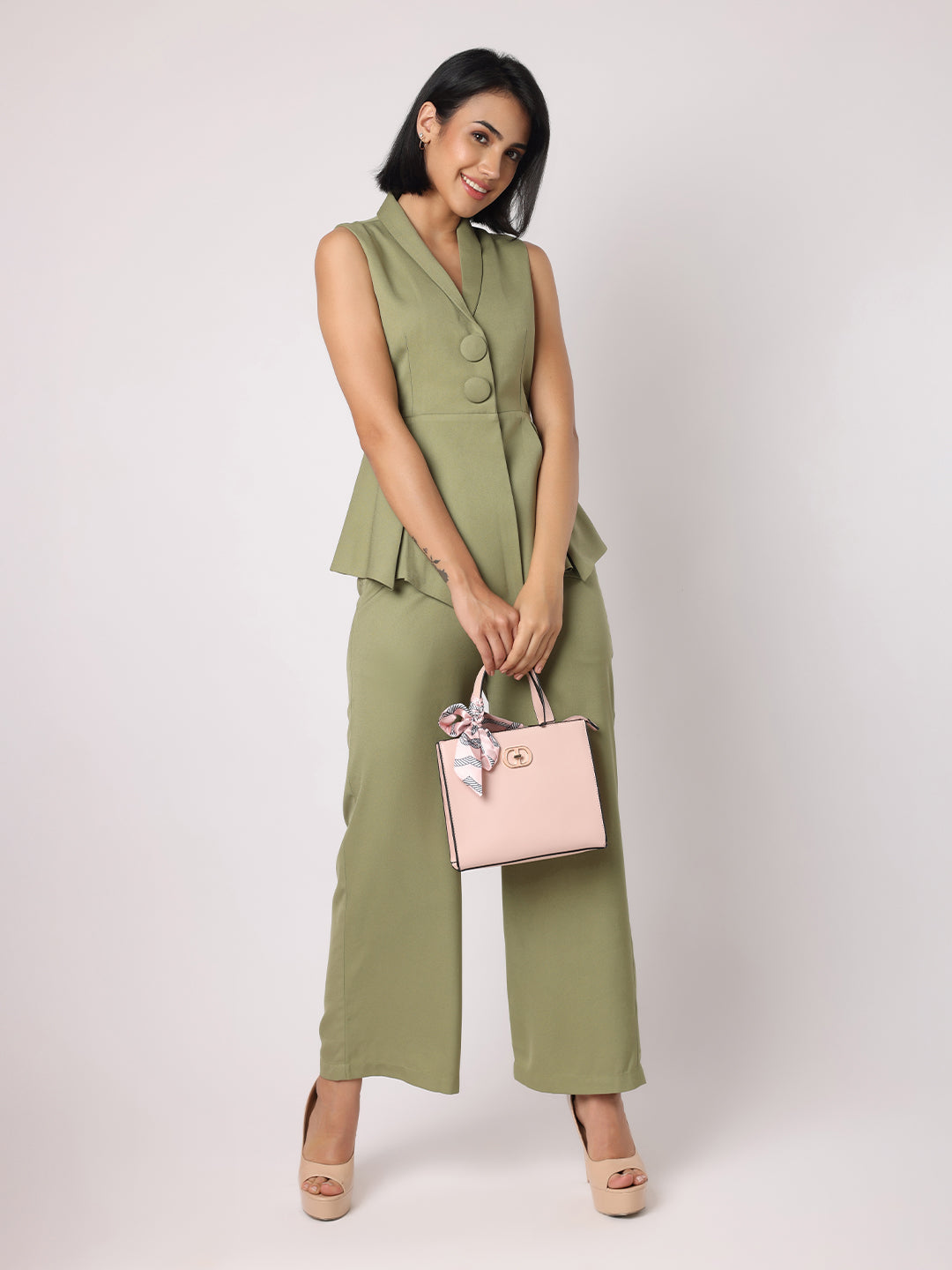 Green Blazer Top With Assymetric Hem Co-Ordinated With Trousers