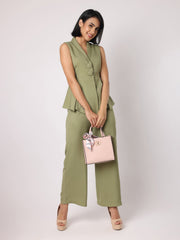 Green Blazer Top With Assymetric Hem Co-Ordinated With Trousers