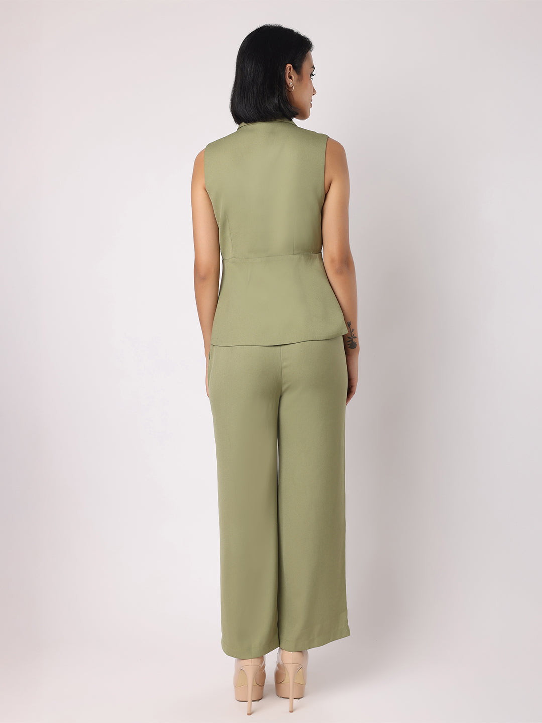 Green Blazer Top With Assymetric Hem Co-Ordinated With Trousers