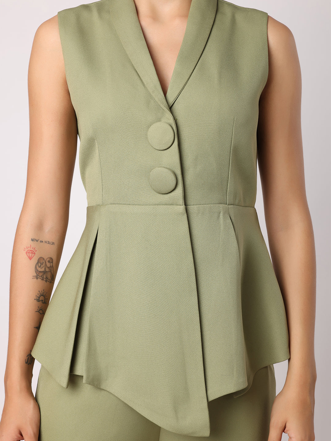 Green Blazer Top With Assymetric Hem Co-Ordinated With Trousers