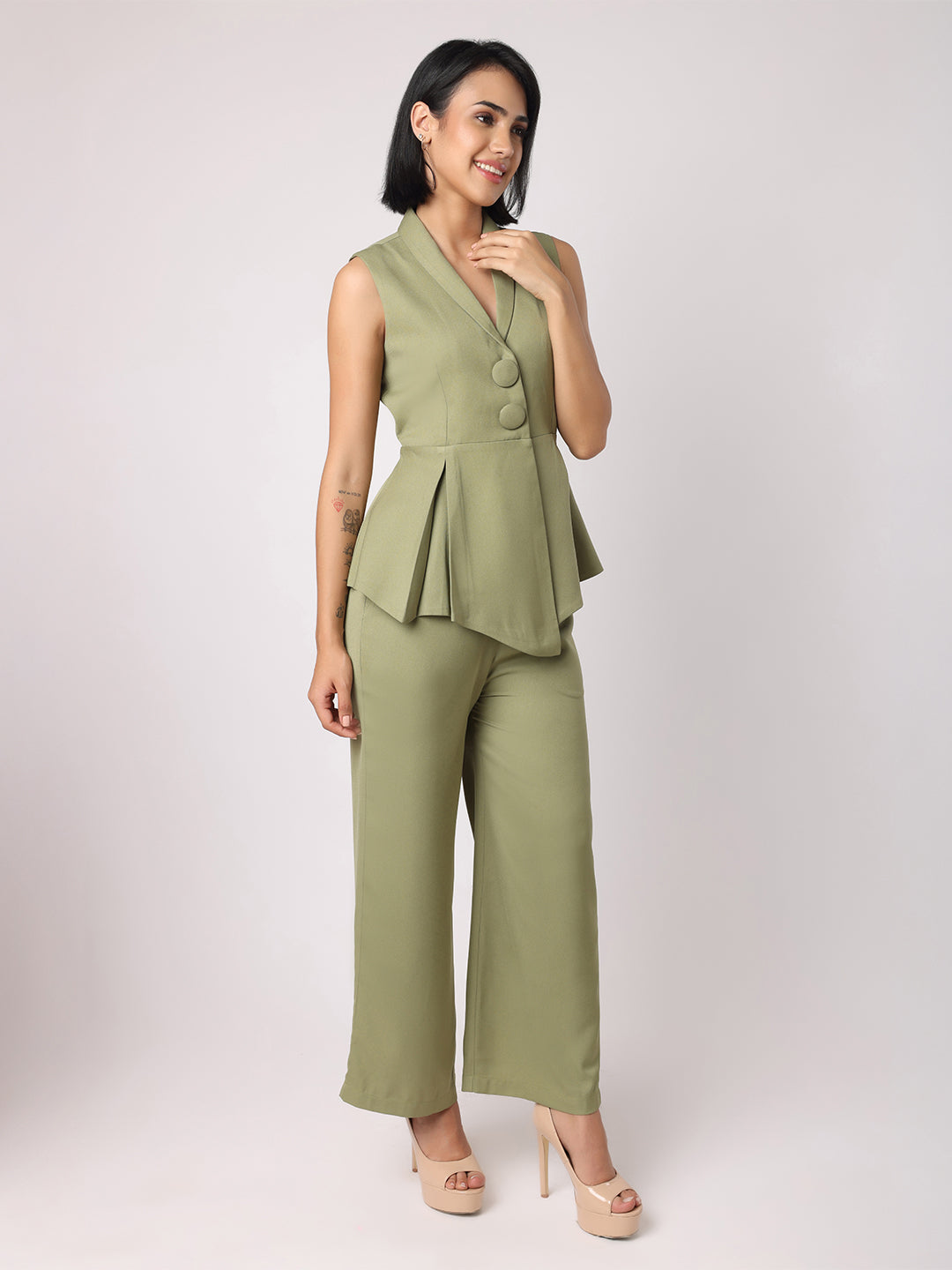 Green Blazer Top With Assymetric Hem Co-Ordinated With Trousers