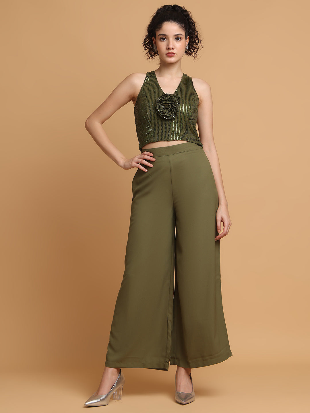 Green Sequinned Rose Top With Trousers
