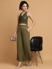 Green Sequinned Rose Top With Trousers