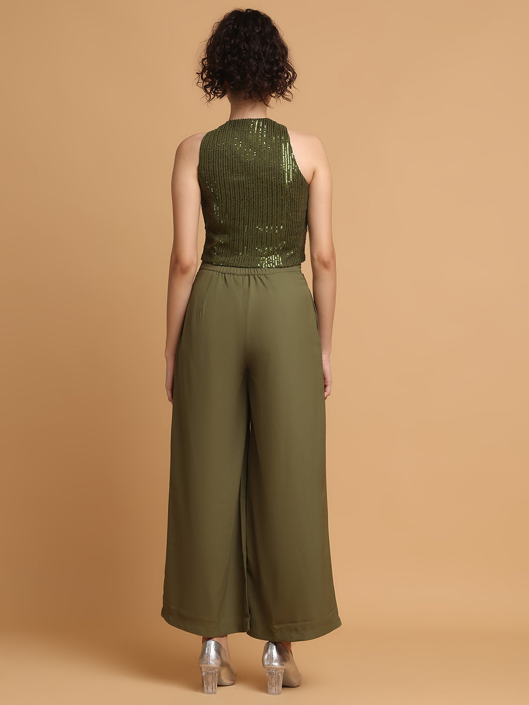 Green Sequinned Rose Top With Trousers