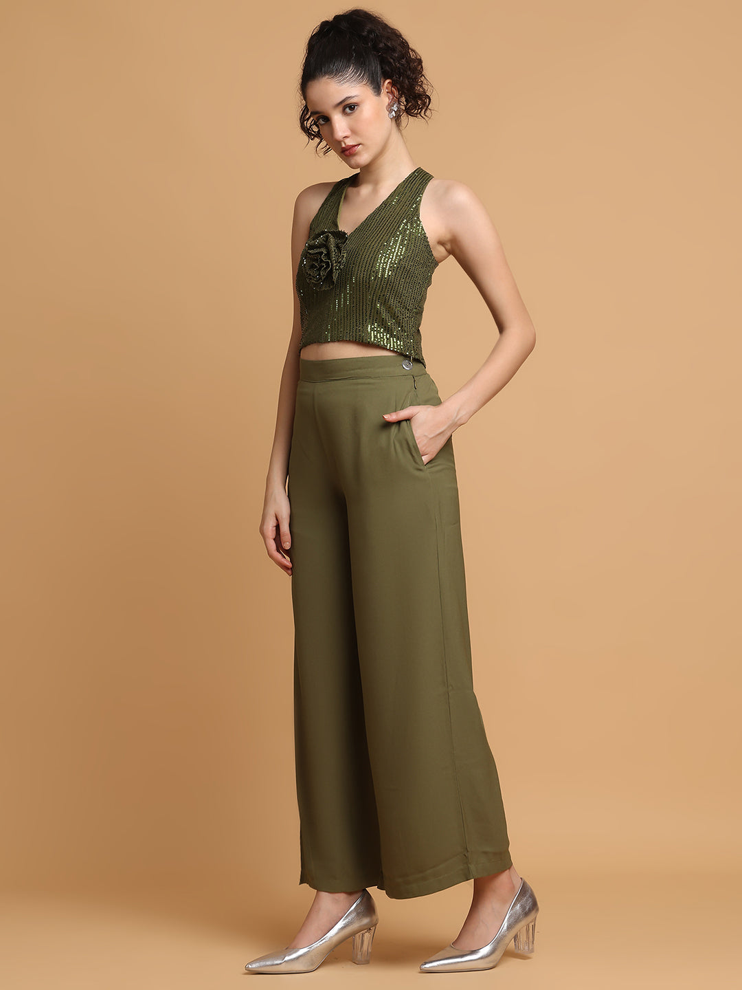 Green Sequinned Rose Top With Trousers
