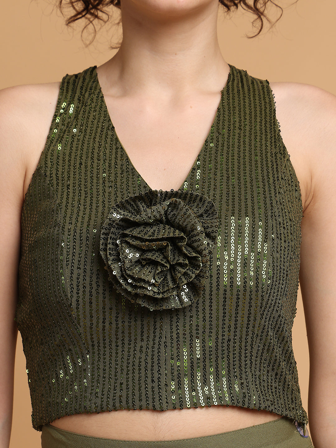 Green Sequinned Rose Top With Trousers