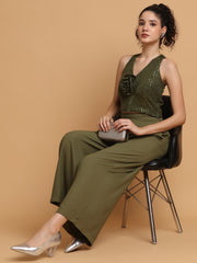 Green Sequinned Rose Top With Trousers