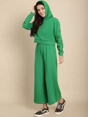 Floral Embroidered Cropped Hoodie With A-Line Trouser