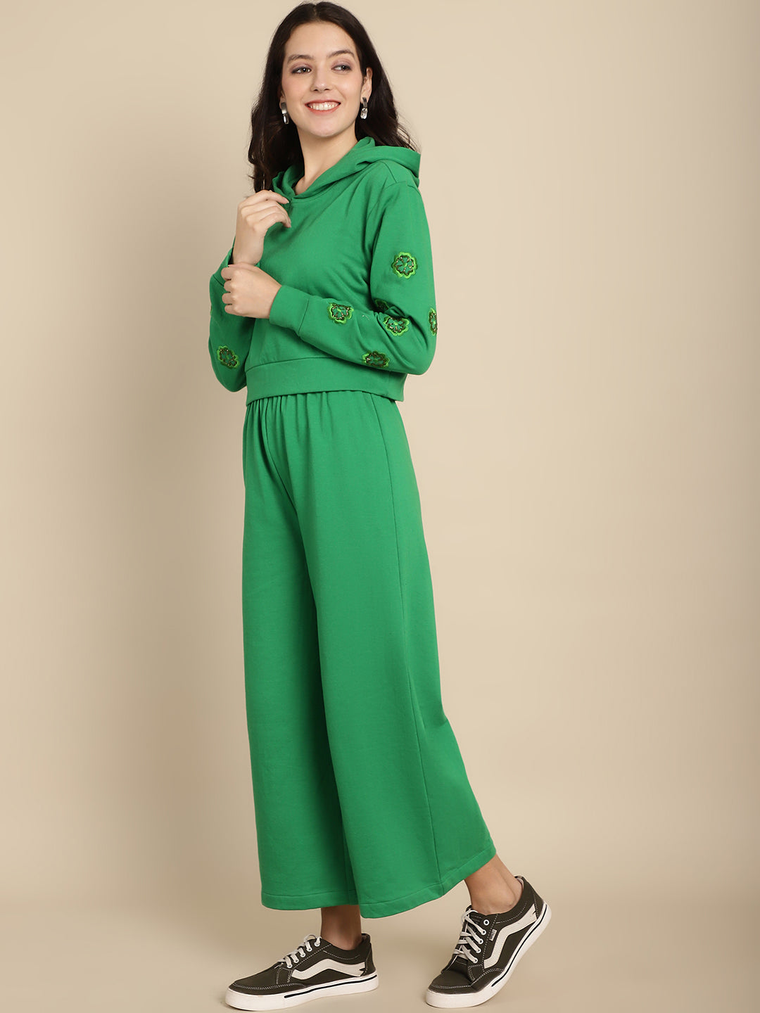 Floral Embroidered Cropped Hoodie With A-Line Trouser