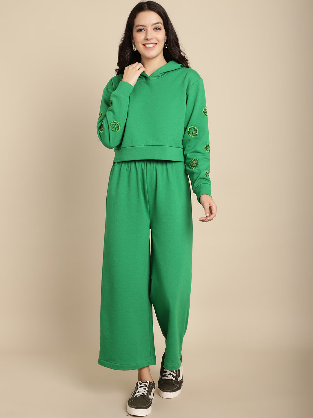 Floral Embroidered Cropped Hoodie With A-Line Trouser